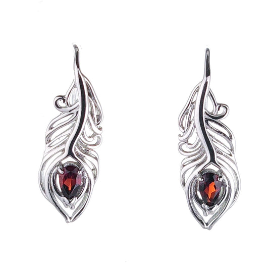 Garnet Peacock Feather Dangle Earrings Sterling Silver