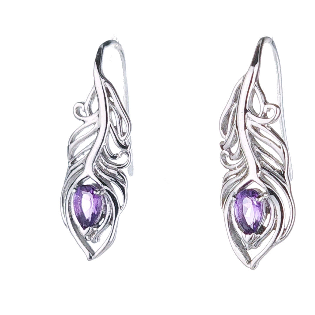 Amethyst Peacock Feather Dangle Earrings Sterling Silver