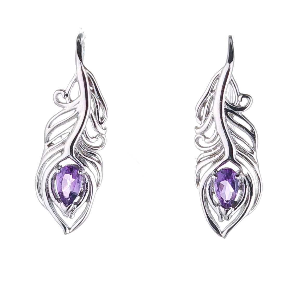 Amethyst Peacock Feather Dangle Earrings Sterling Silver