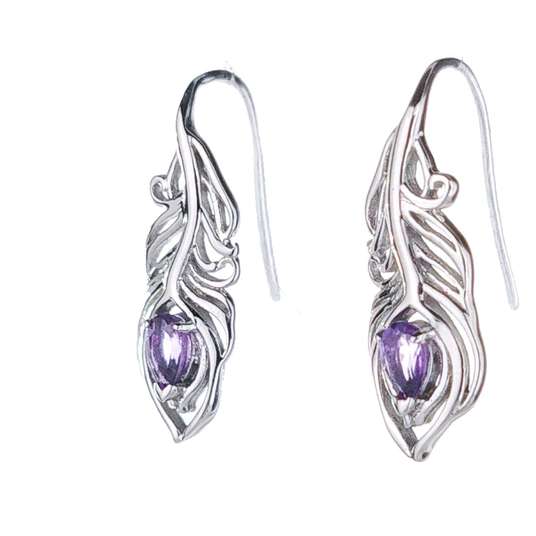 Amethyst Peacock Feather Dangle Earrings Sterling Silver