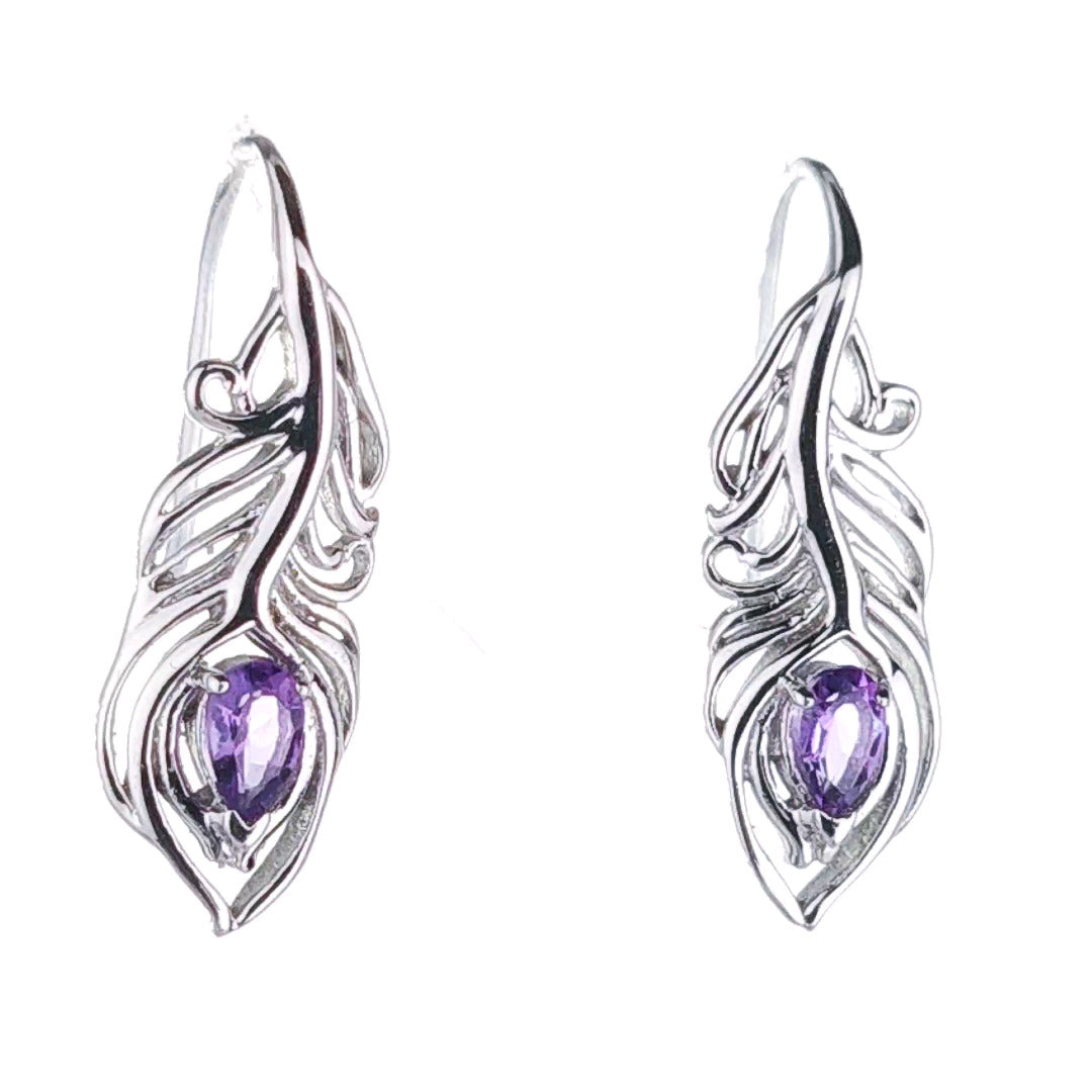 Amethyst Peacock Feather Dangle Earrings Sterling Silver