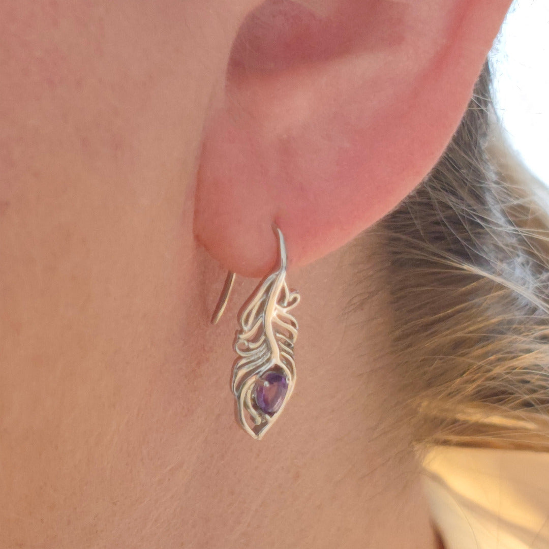 Amethyst Peacock Feather Dangle Earrings Sterling Silver