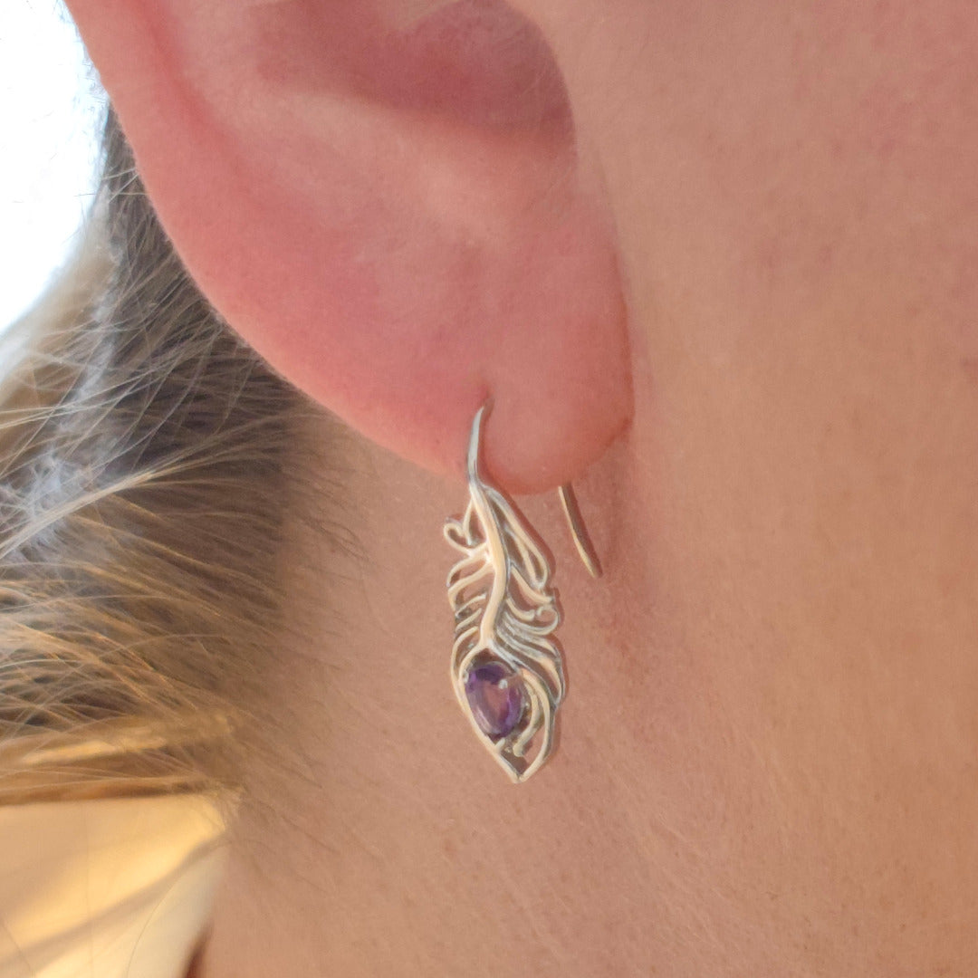 Amethyst Peacock Feather Dangle Earrings Sterling Silver