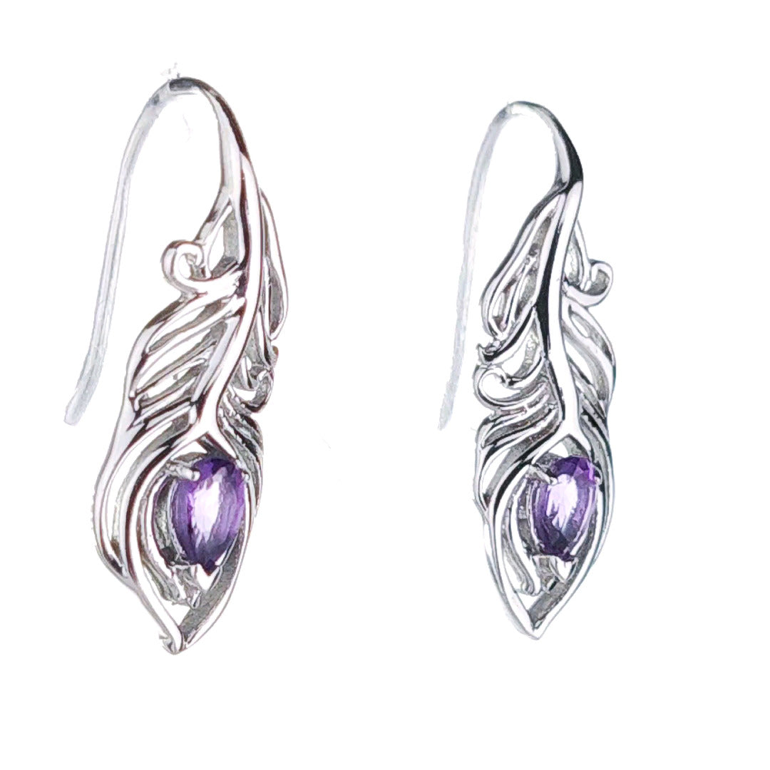 Amethyst Peacock Feather Dangle Earrings Sterling Silver