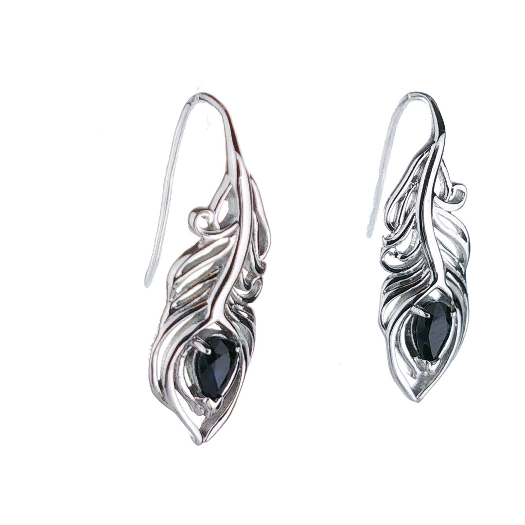 Sterling Silver Sapphire Earrings Dangle Peacock Feather Hook September Birthstone