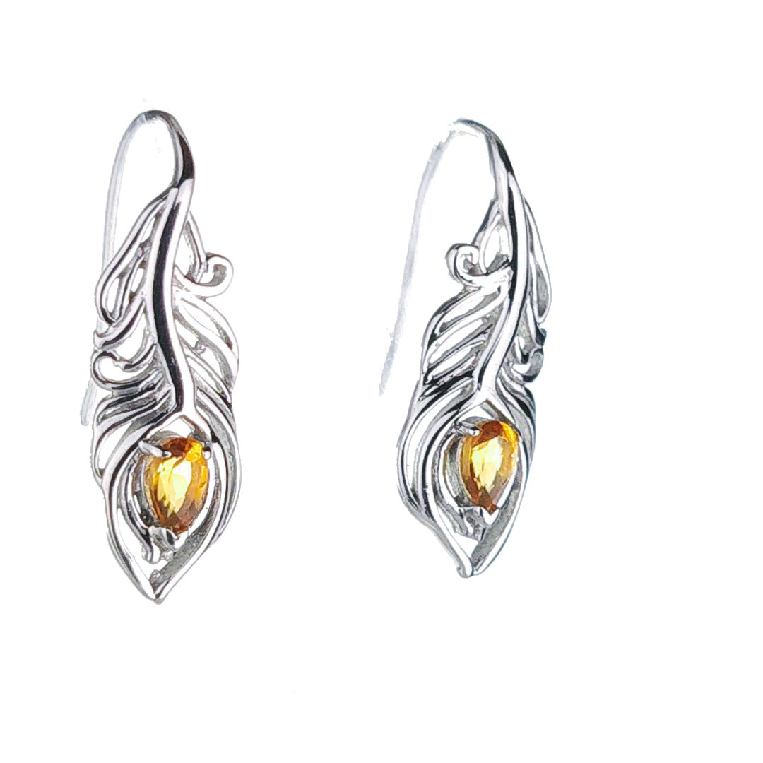 Sterling Silver Citrine Earrings Dangle Peacock Feather Hook November Birthstone