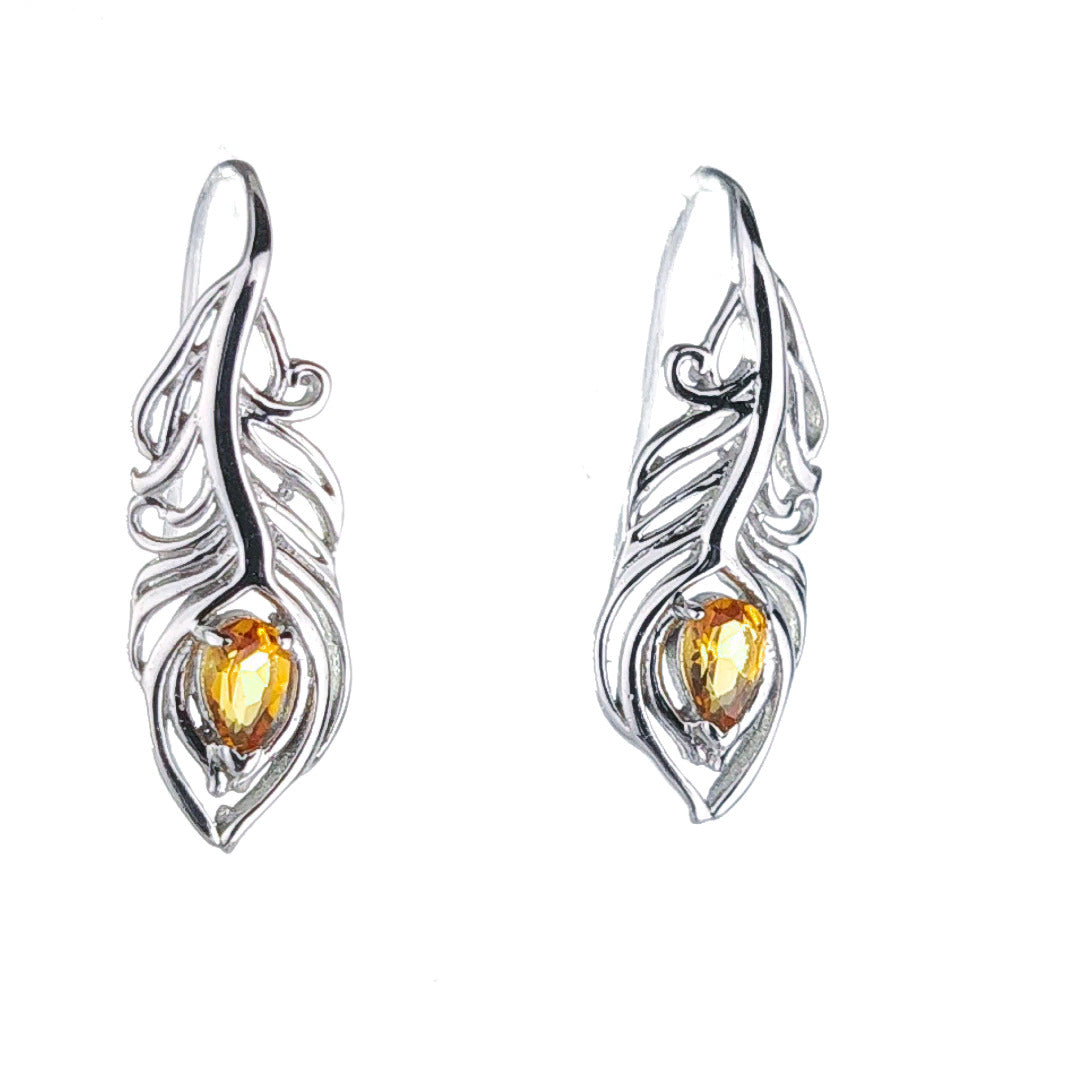 Sterling Silver Citrine Earrings Dangle Peacock Feather Hook November Birthstone