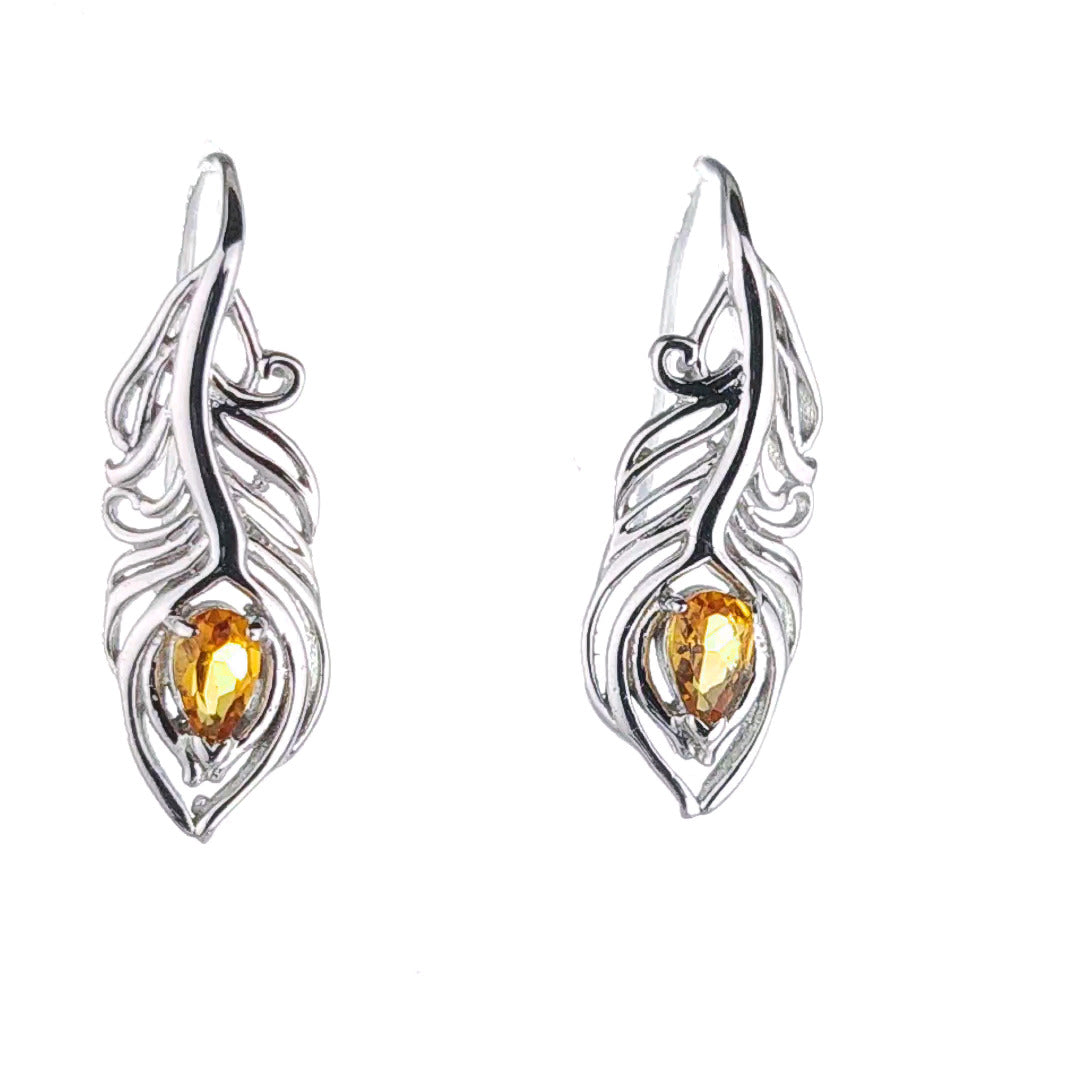 Sterling Silver Citrine Earrings Dangle Peacock Feather Hook November Birthstone