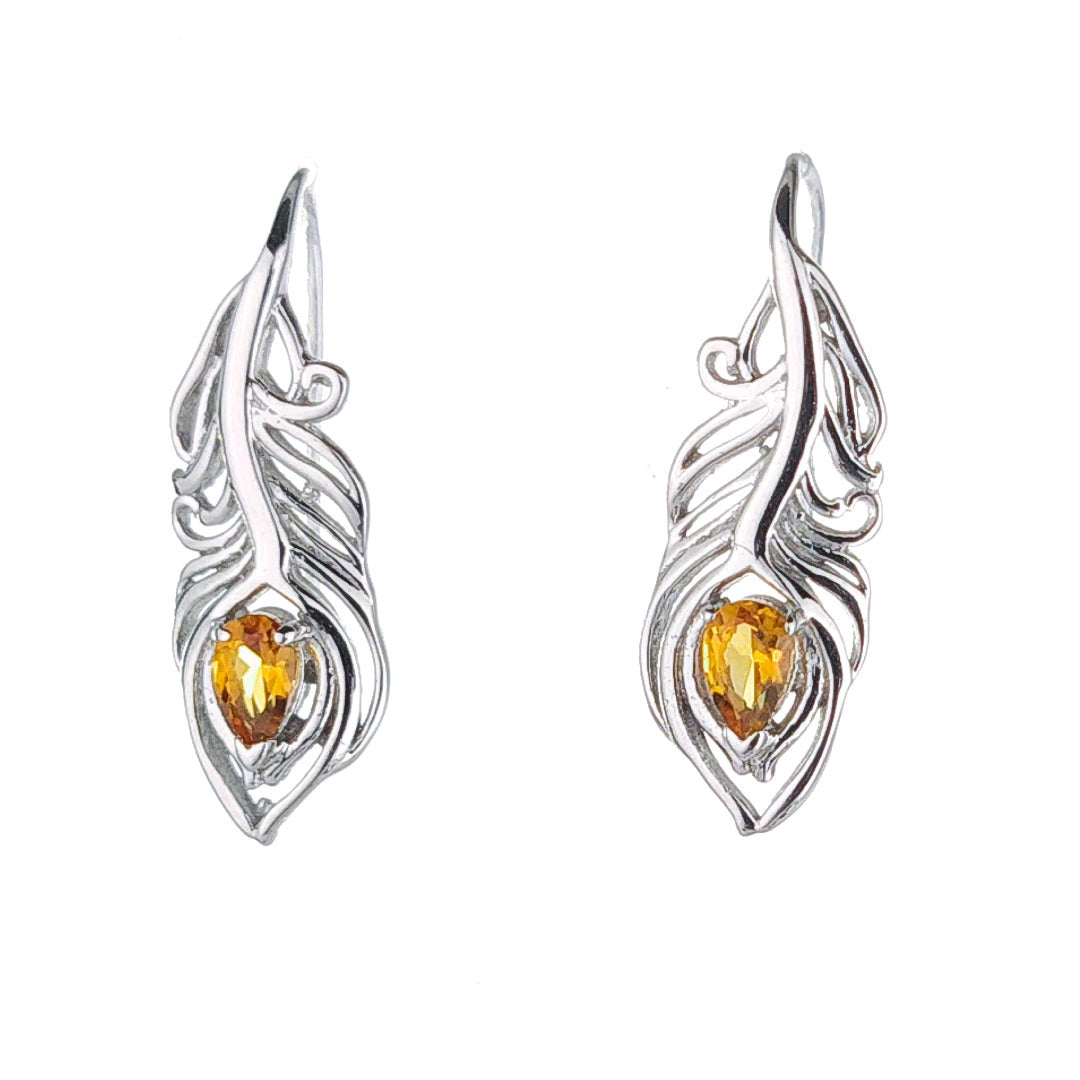 Sterling Silver Citrine Earrings Dangle Peacock Feather Hook November Birthstone