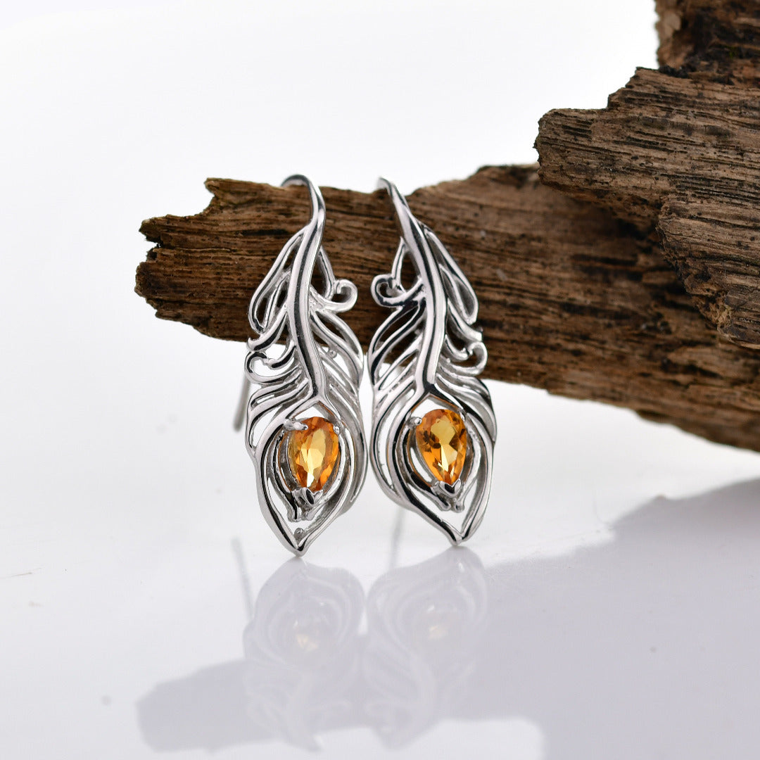 Sterling Silver Citrine Earrings Dangle Peacock Feather Hook November Birthstone