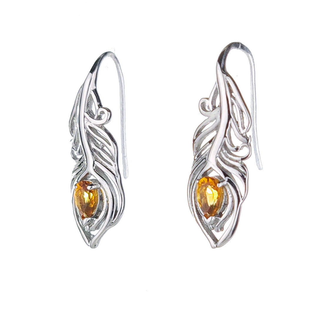 Sterling Silver Citrine Earrings Dangle Peacock Feather Hook November Birthstone