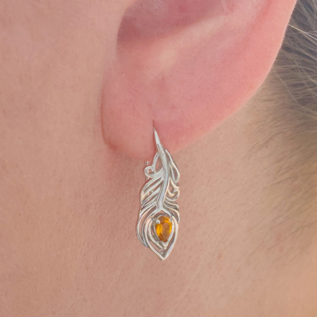 Sterling Silver Citrine Earrings Dangle Peacock Feather Hook November Birthstone