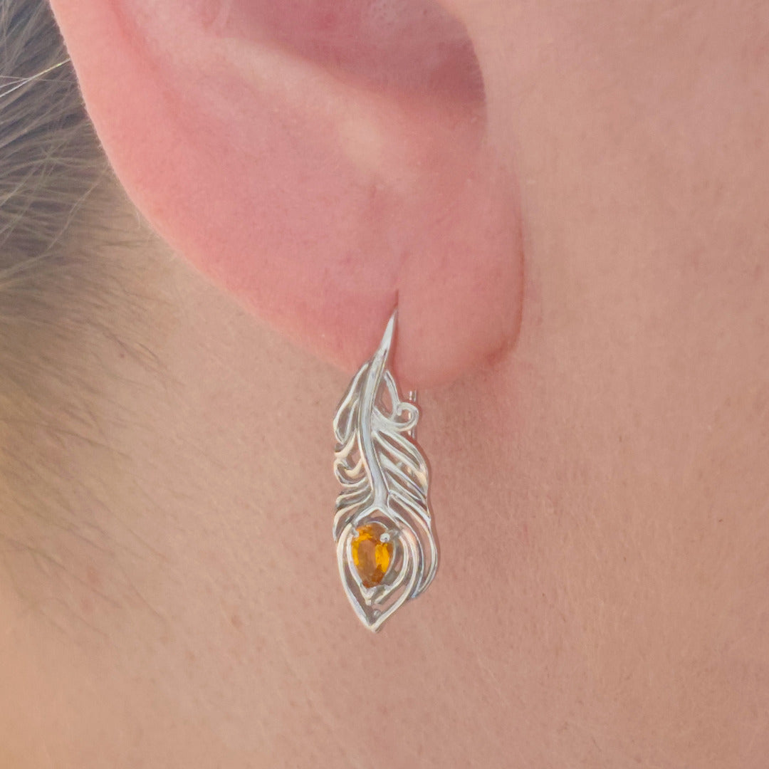 Sterling Silver Citrine Earrings Dangle Peacock Feather Hook November Birthstone