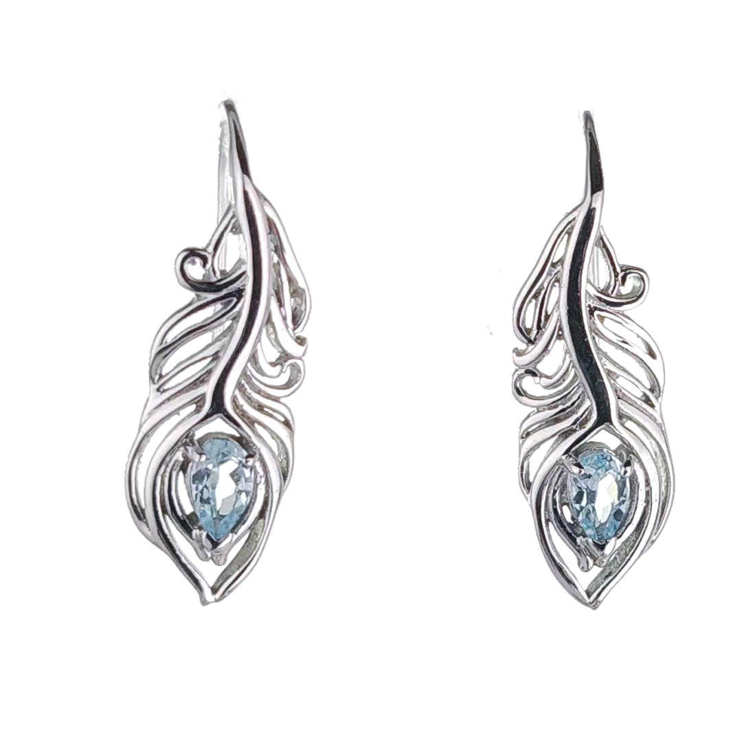 Sterling Silver Topaz Earrings Dangle Peacock Feather Hook December Birthstone