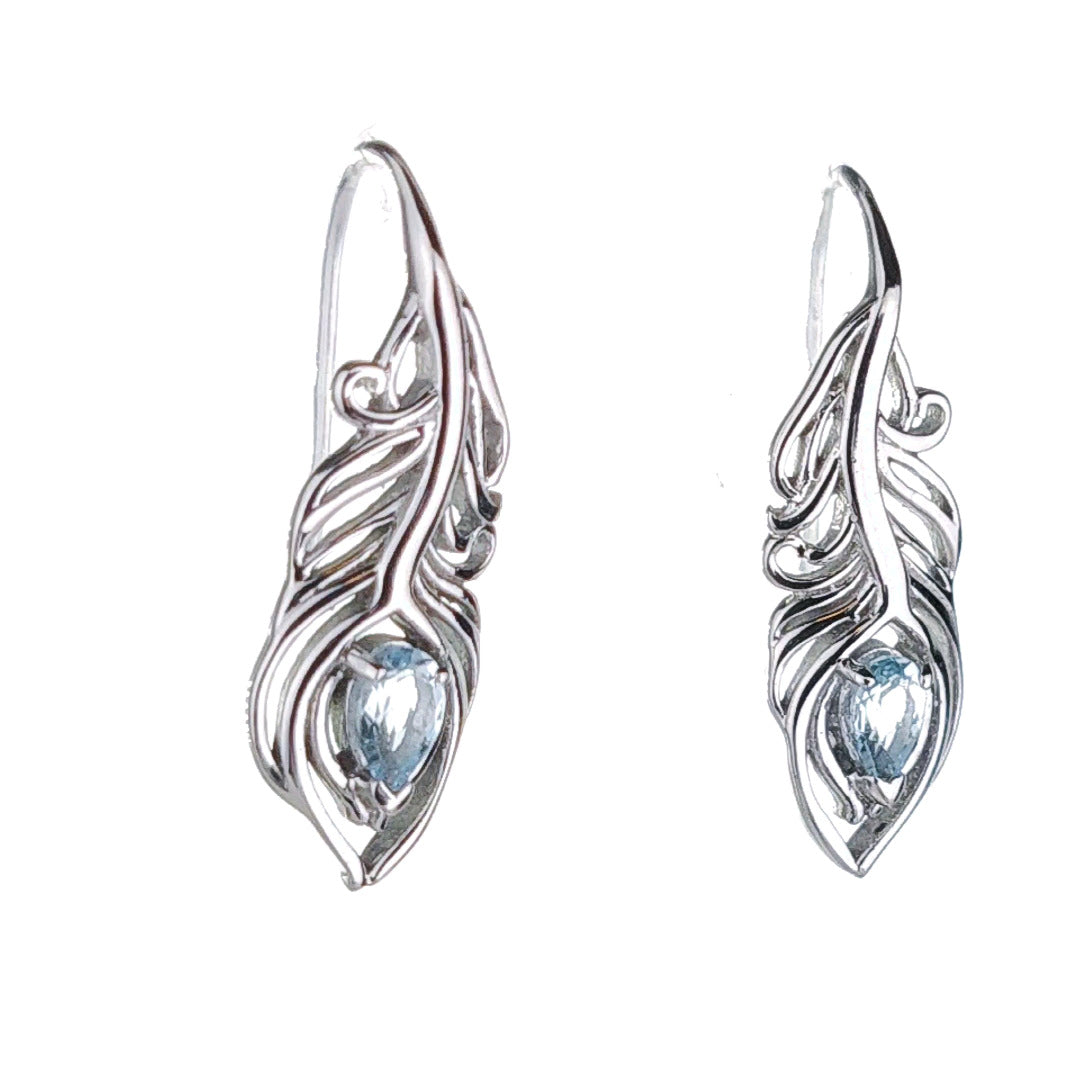 Sterling Silver Topaz Earrings Dangle Peacock Feather Hook December Birthstone