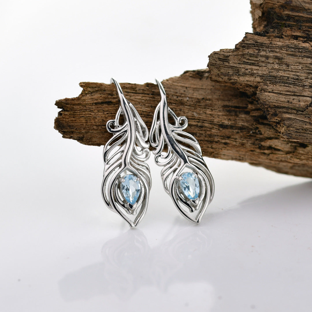 Sterling Silver Topaz Earrings Dangle Peacock Feather Hook December Birthstone