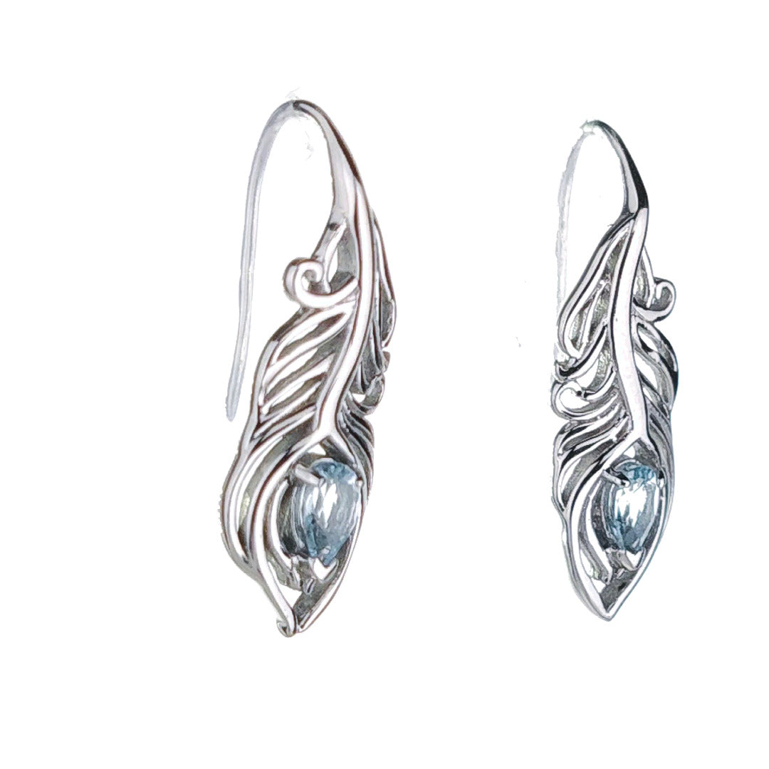 Sterling Silver Topaz Earrings Dangle Peacock Feather Hook December Birthstone