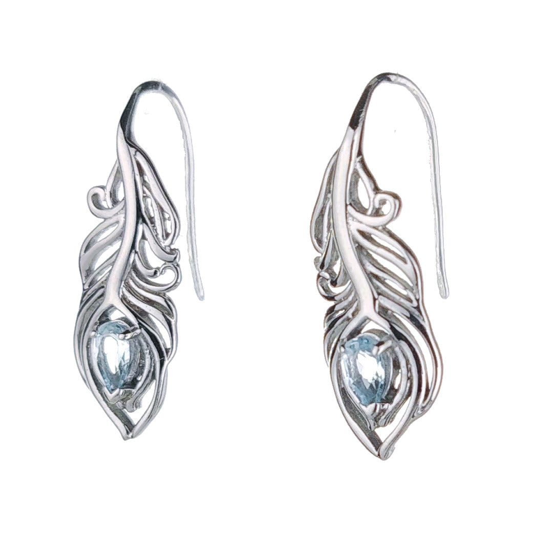 Sterling Silver Topaz Earrings Dangle Peacock Feather Hook December Birthstone