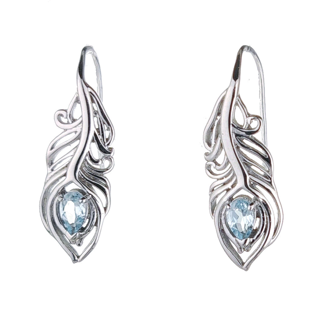 Sterling Silver Topaz Earrings Dangle Peacock Feather Hook December Birthstone