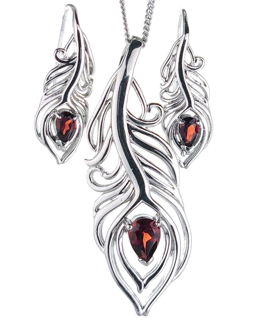 Sterling Silver Garnet Set Necklace Earrings Peacock Feather Red January Birthstone