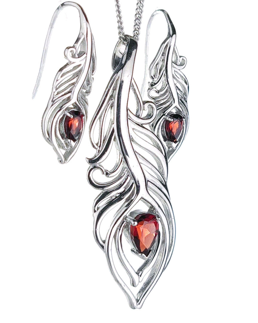 Sterling Silver Garnet Set Necklace Earrings Peacock Feather Red January Birthstone