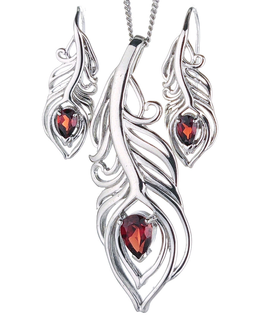 Sterling Silver Garnet Set Necklace Earrings Peacock Feather Red January Birthstone