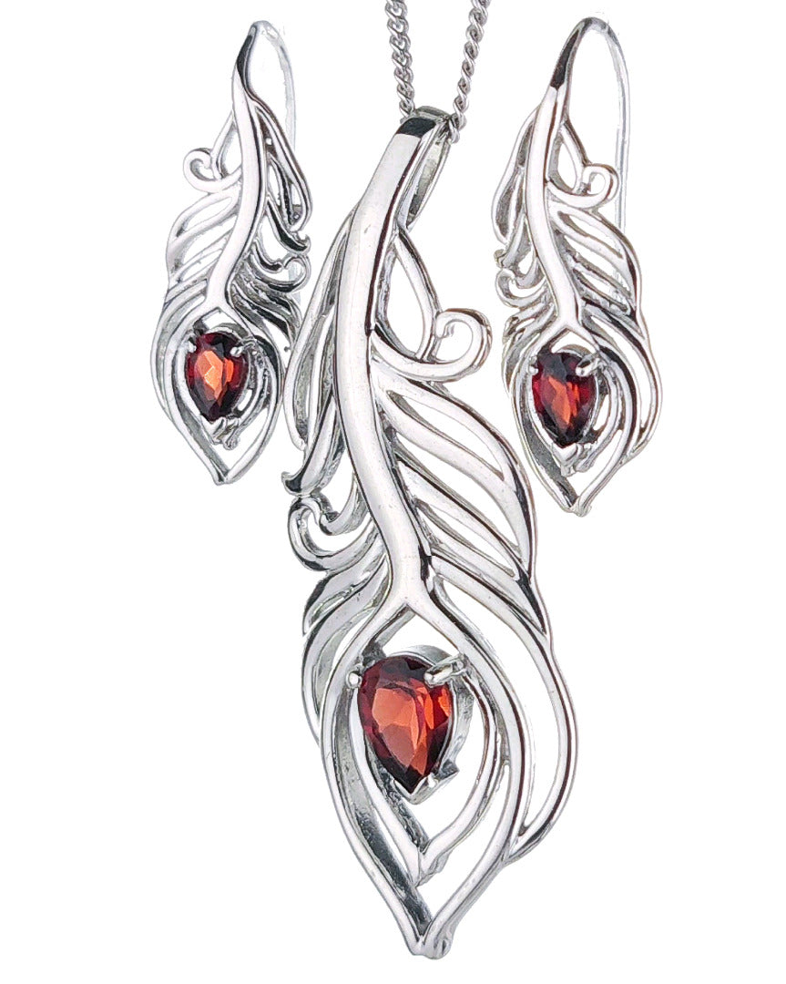 Sterling Silver Garnet Set Necklace Earrings Peacock Feather Red January Birthstone