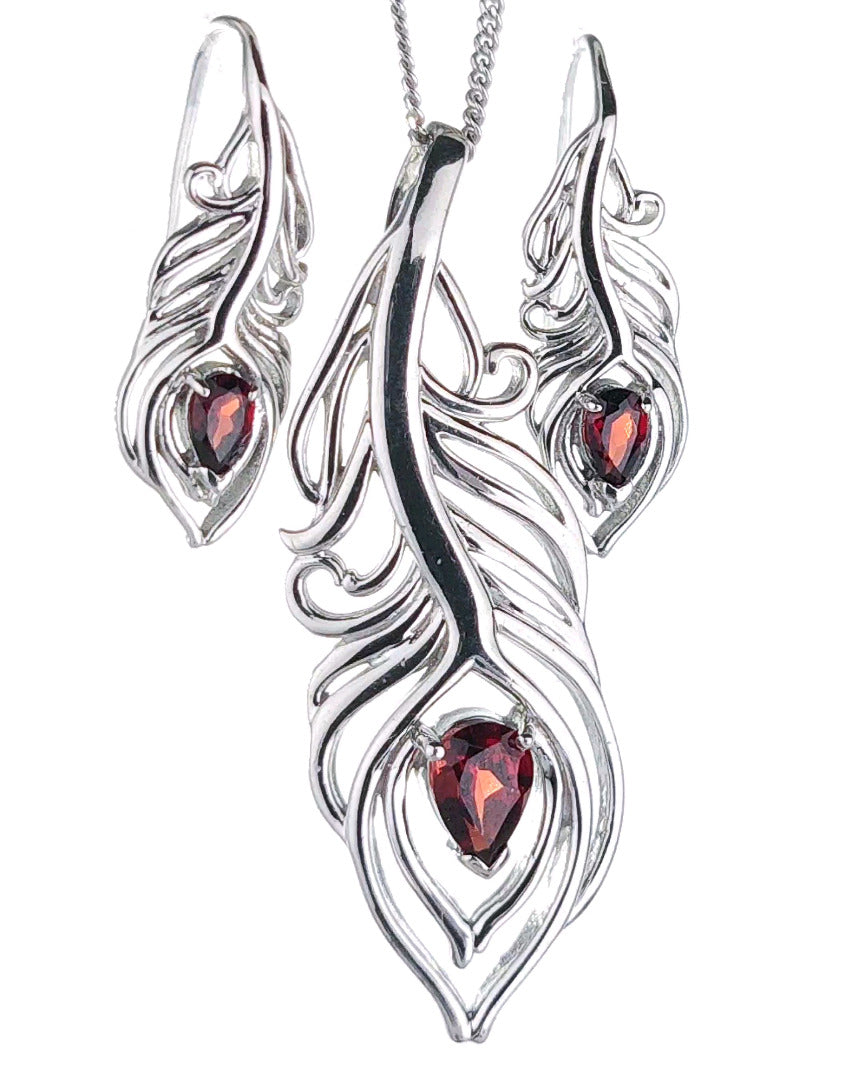 Sterling Silver Garnet Set Necklace Earrings Peacock Feather Red January Birthstone