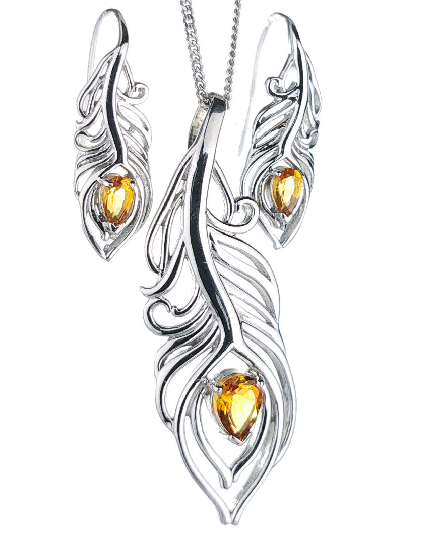 Sterling Silver Citrine Set Statement Necklace Dangle Earrings Peacock Feather November Birthstone