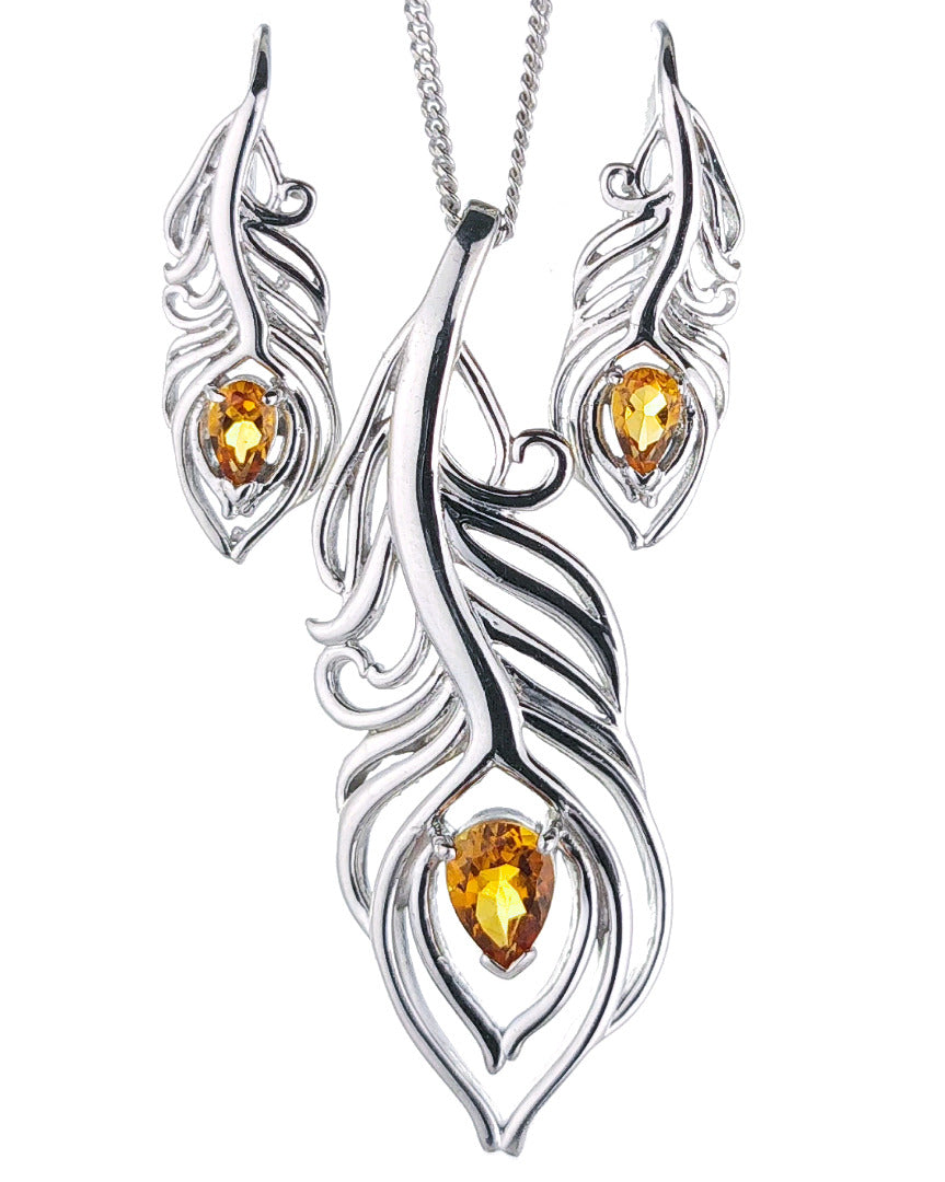 Sterling Silver Citrine Set Statement Necklace Dangle Earrings Peacock Feather November Birthstone