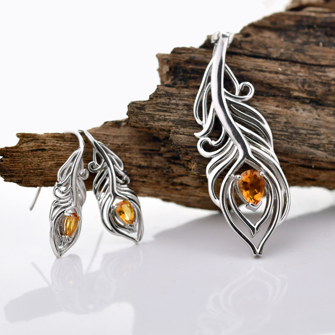 Sterling Silver Citrine Set Statement Necklace Dangle Earrings Peacock Feather November Birthstone