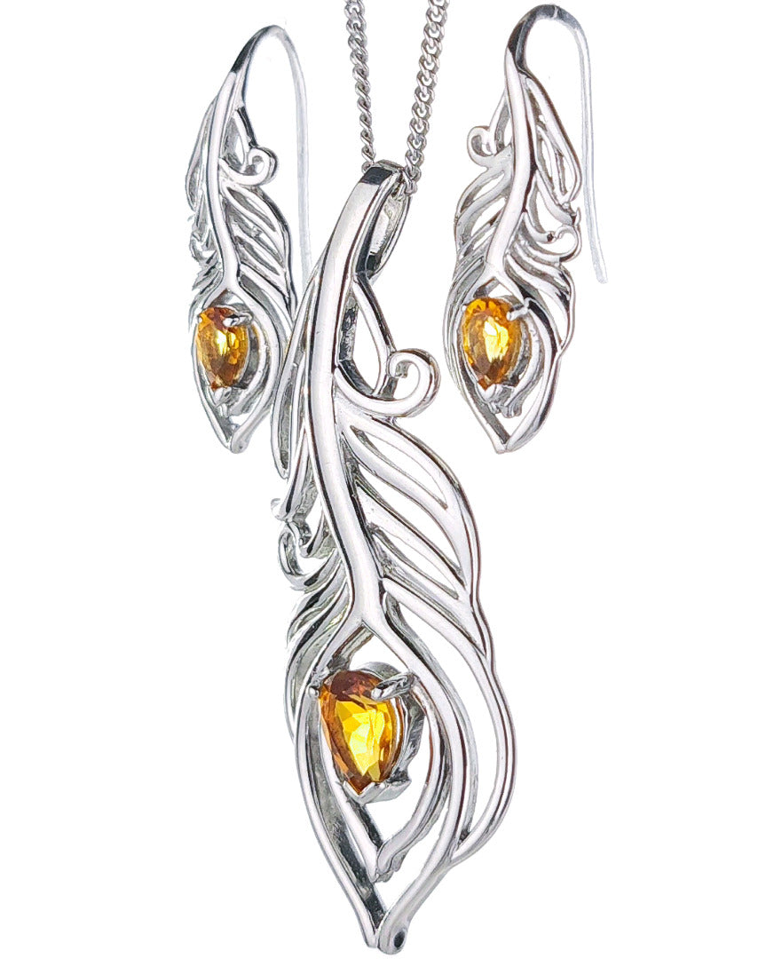 Sterling Silver Citrine Set Statement Necklace Dangle Earrings Peacock Feather November Birthstone