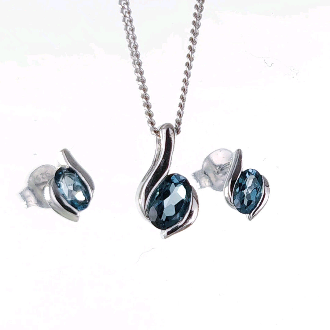 Sterling Silver Necklace Earring Set London Blue Topaz Personalised Christmas Gift