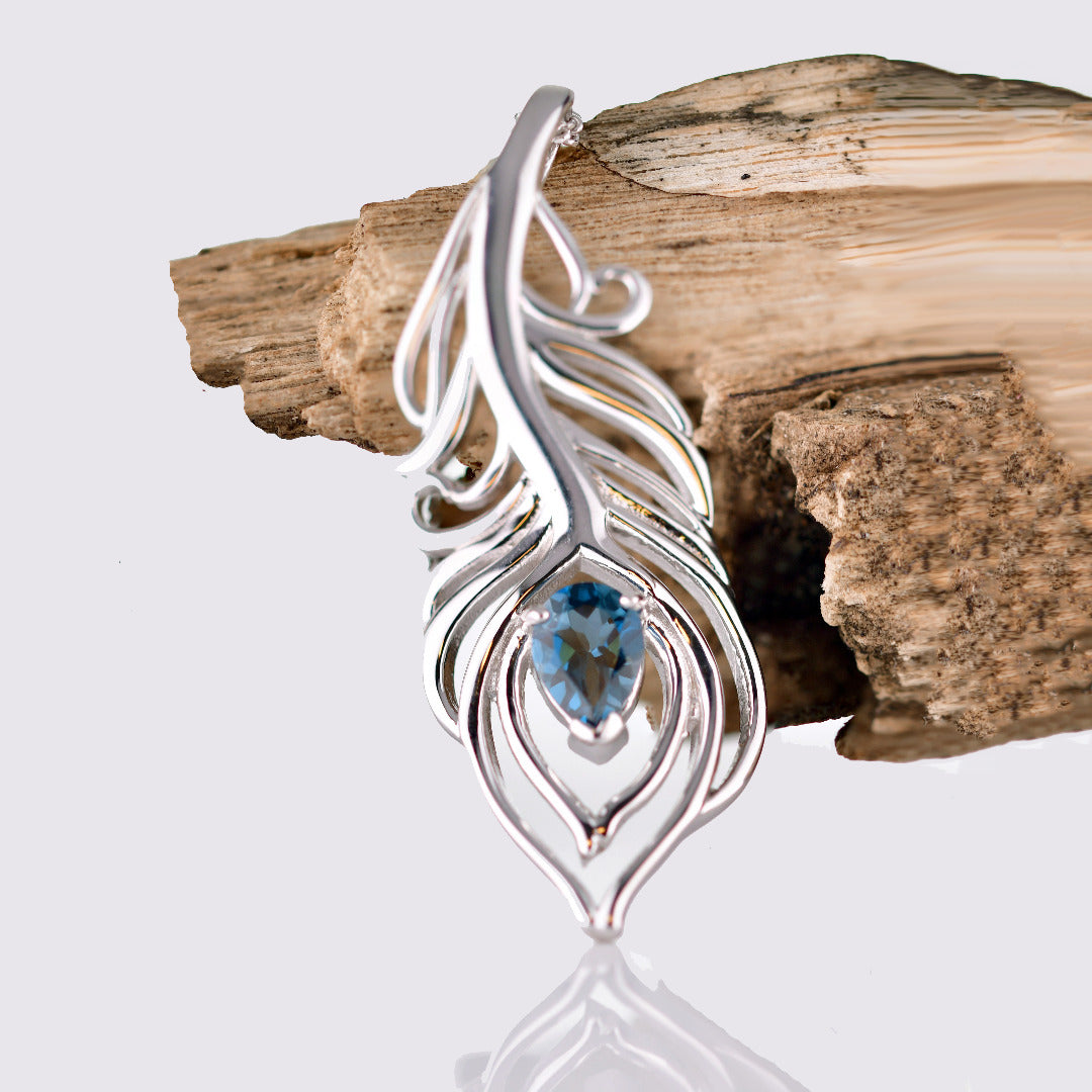 London Blue Topaz Necklace Peacock Feather Pendant Sterling Silver Boxed Gift