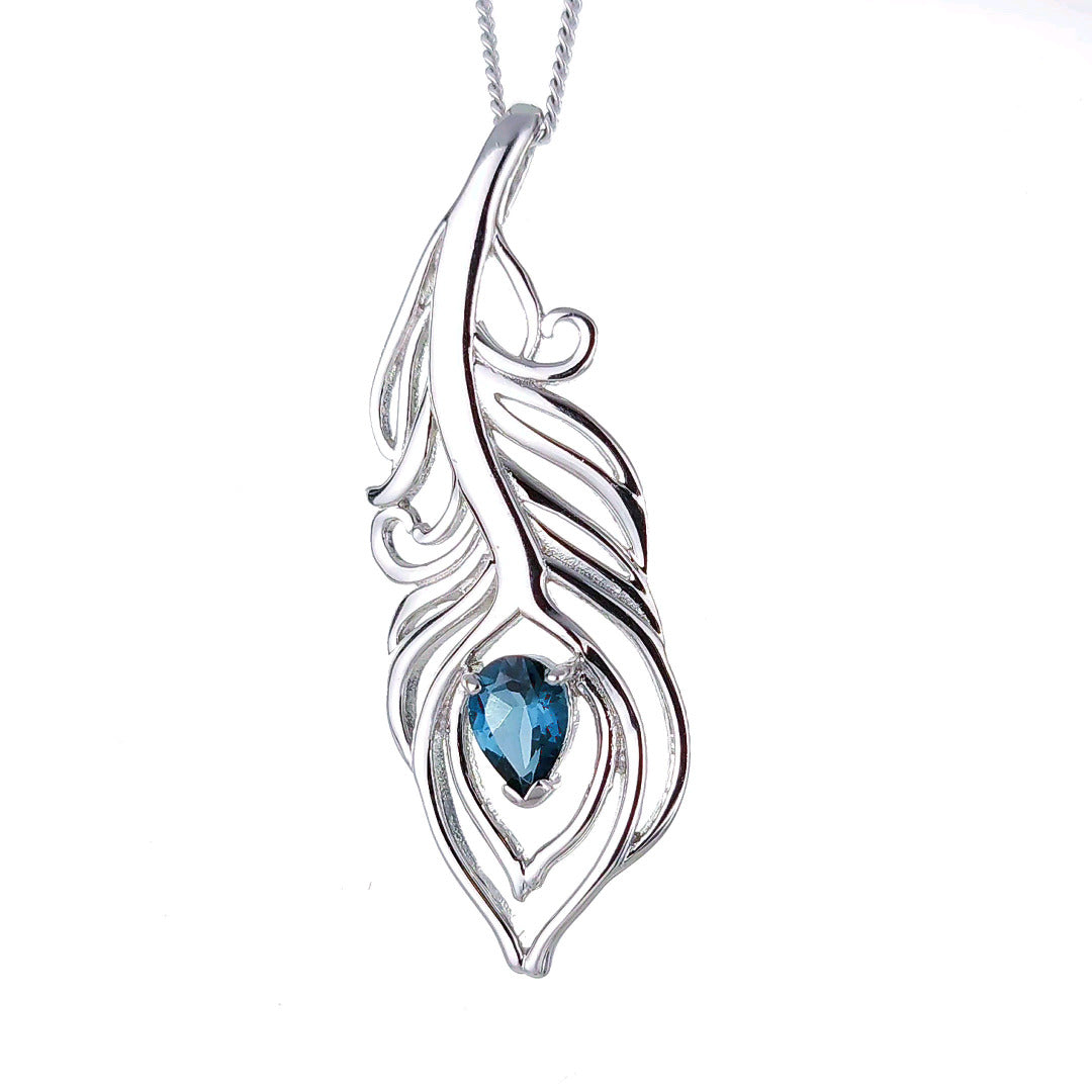 London Blue Topaz Necklace Peacock Feather Pendant Sterling Silver Boxed Gift