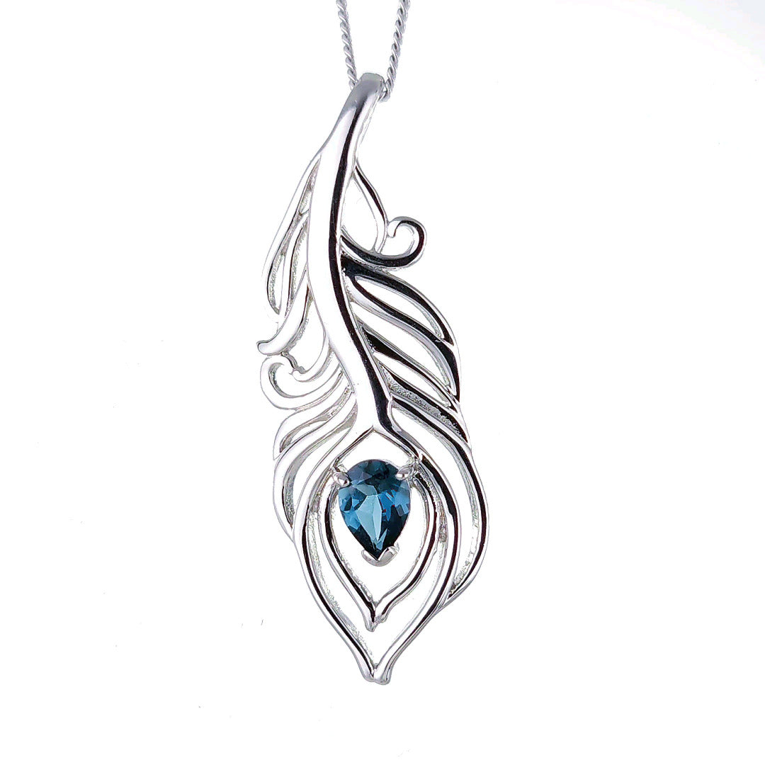 London Blue Topaz Necklace Peacock Feather Pendant Sterling Silver Boxed Gift