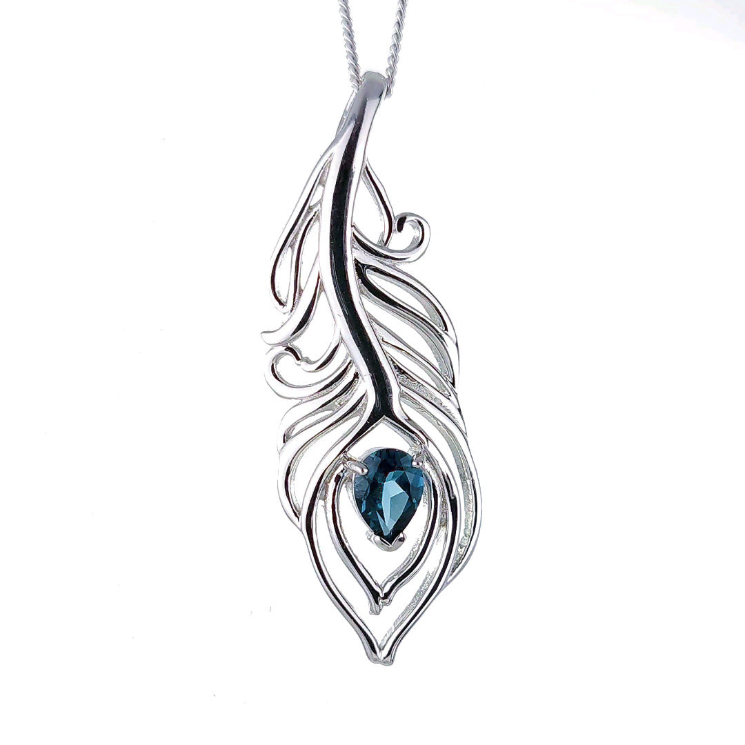 London Blue Topaz Necklace Peacock Feather Pendant Sterling Silver Boxed Gift