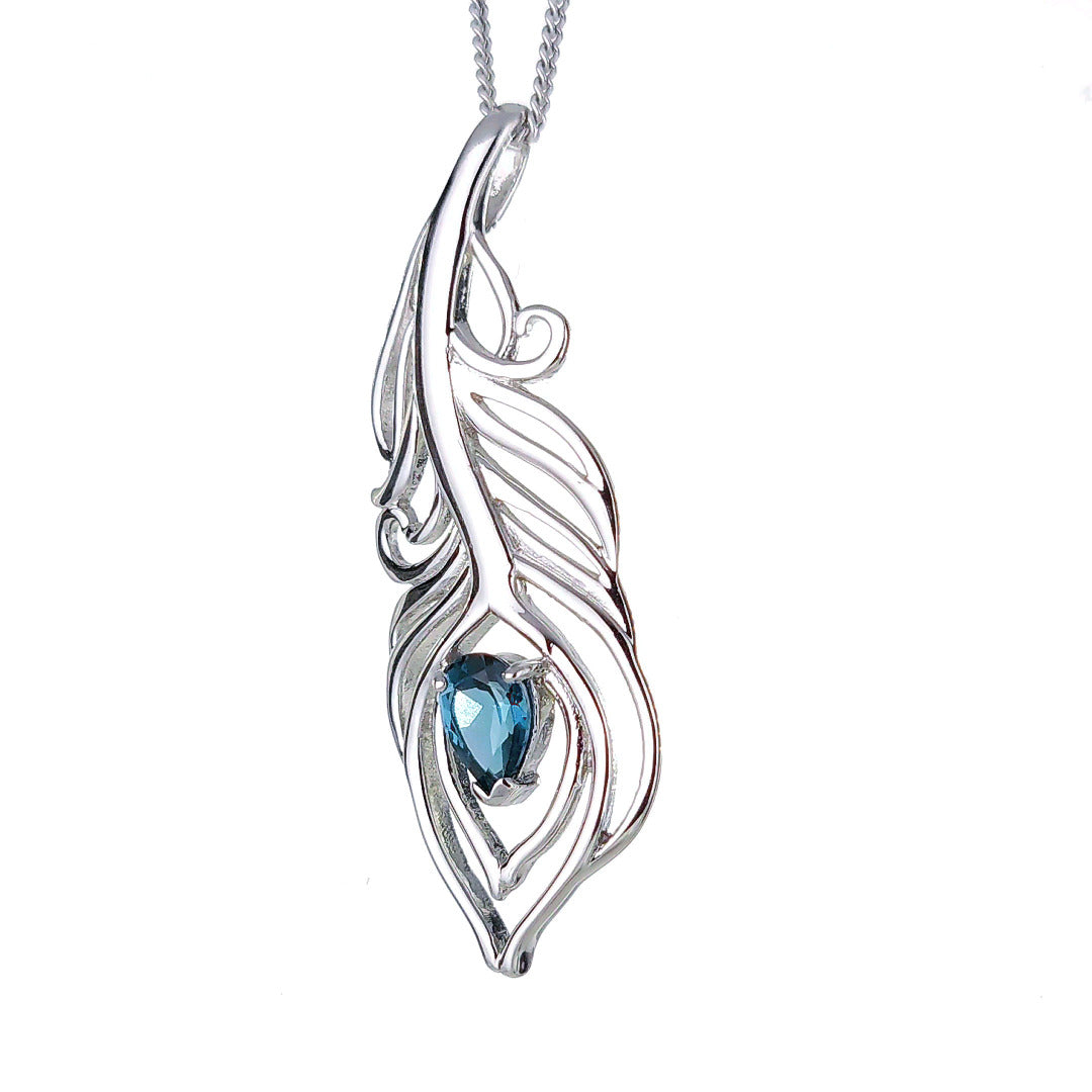 London Blue Topaz Necklace Peacock Feather Pendant Sterling Silver Boxed Gift