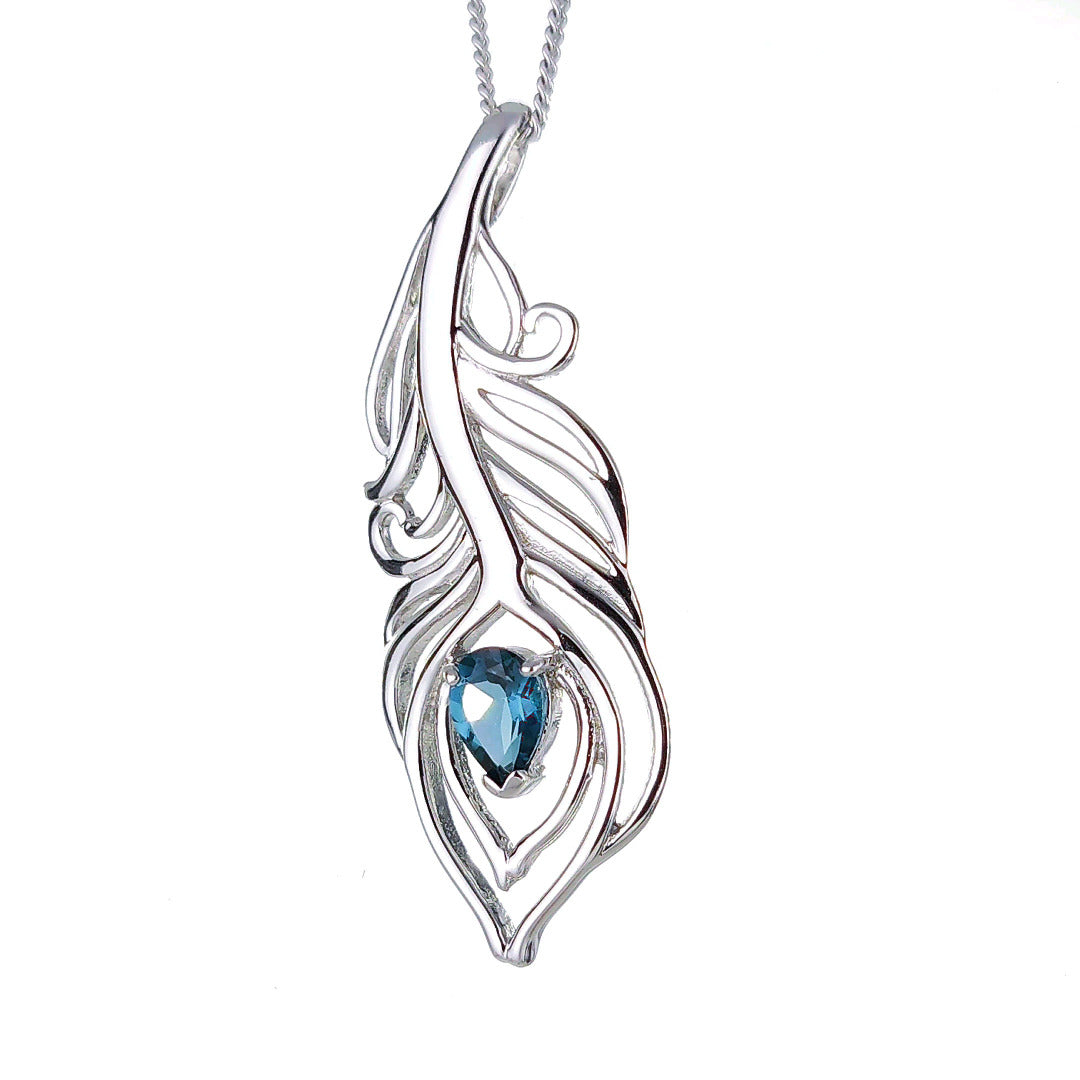 London Blue Topaz Necklace Peacock Feather Pendant Sterling Silver Boxed Gift