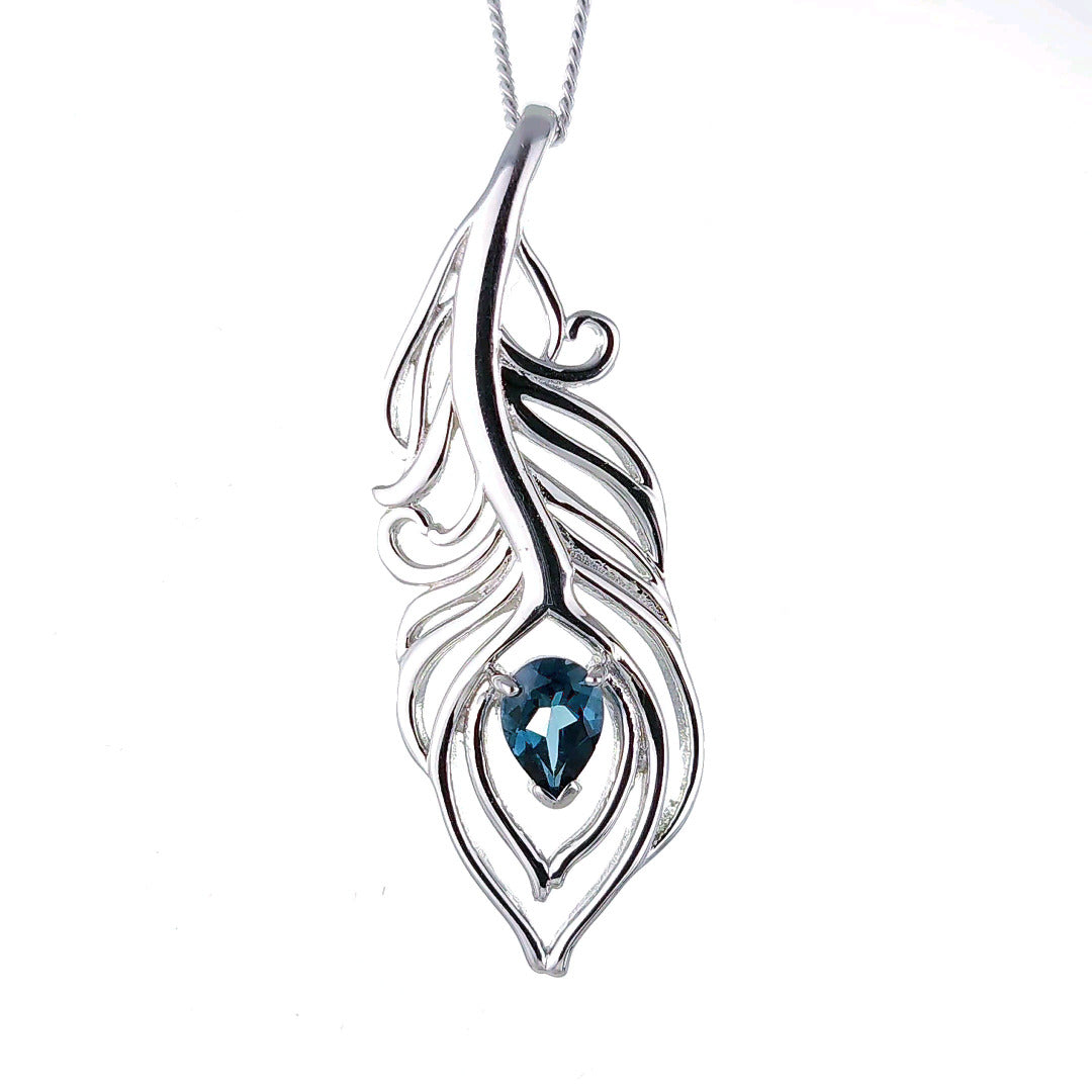 London Blue Topaz Necklace Peacock Feather Pendant Sterling Silver Boxed Gift