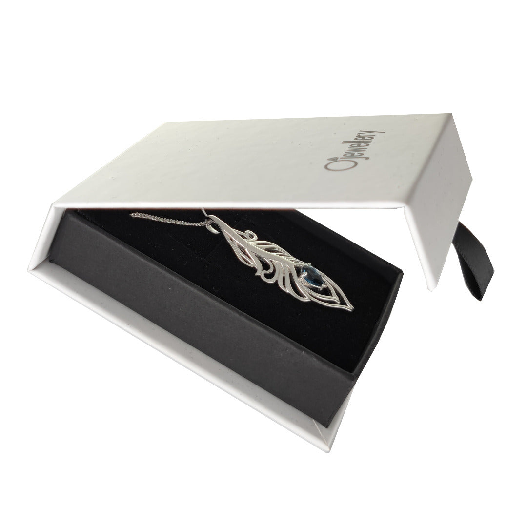 London Blue Topaz Necklace Peacock Feather Pendant Sterling Silver Boxed Gift