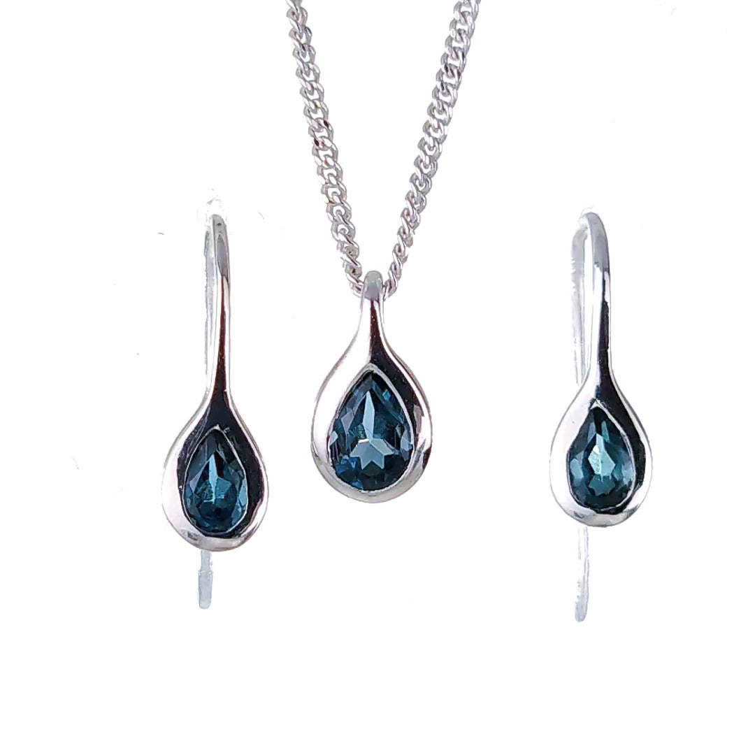 Topaz Necklace Earring Set 1ct Pear London Blue Sterling Silver Boxed Gift