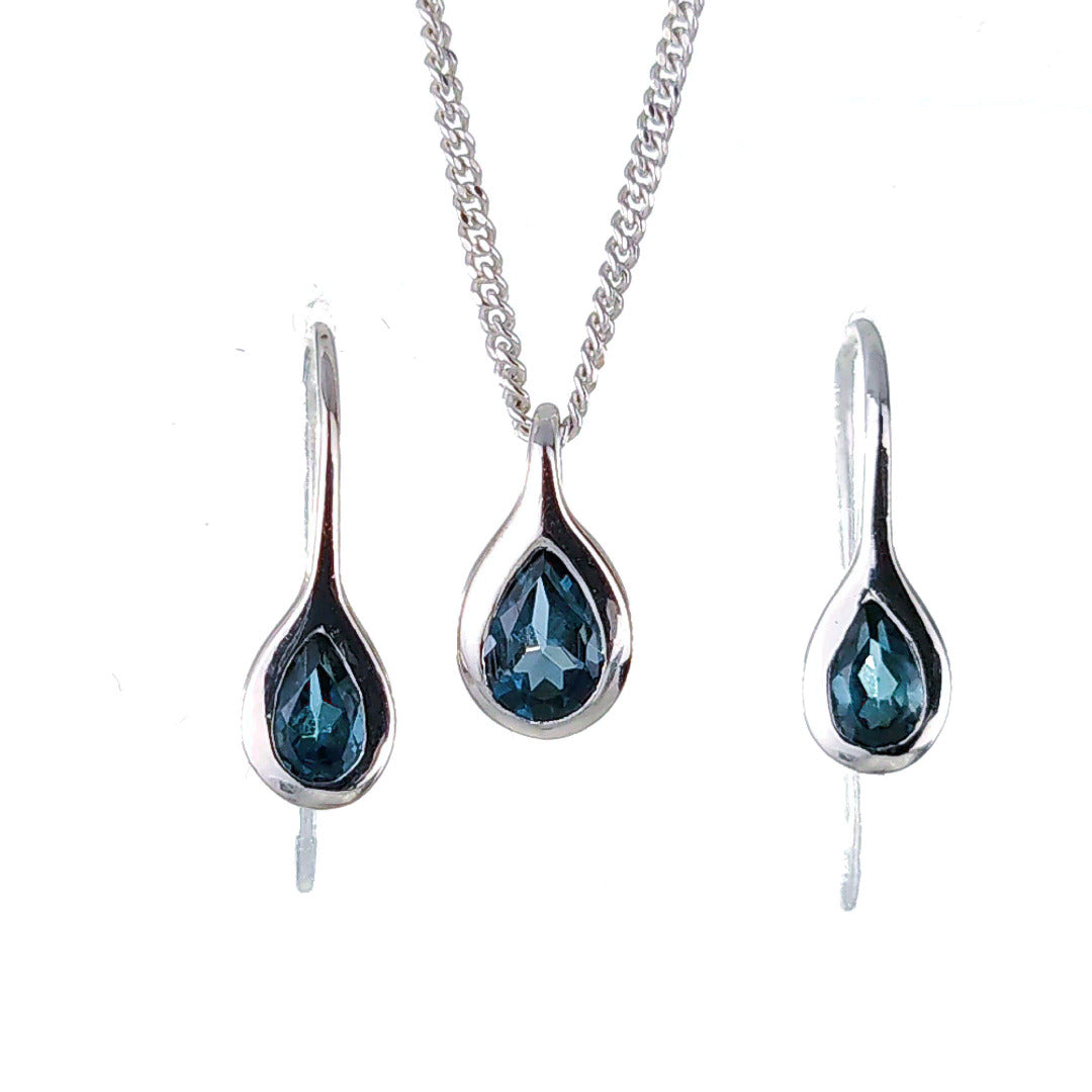 Topaz Necklace Earring Set 1ct Pear London Blue Sterling Silver Boxed Gift