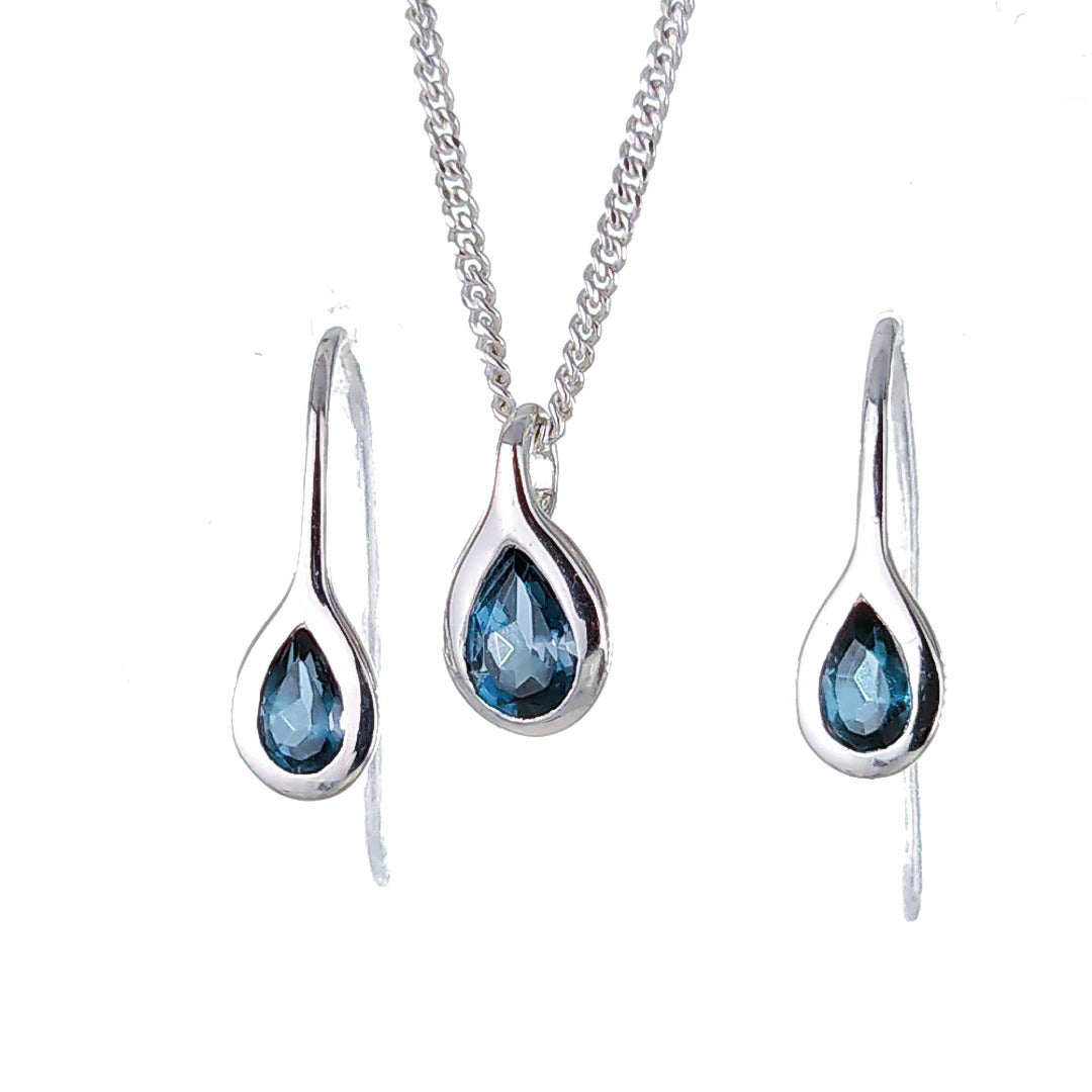 Topaz Necklace Earring Set 1ct Pear London Blue Sterling Silver Boxed Gift