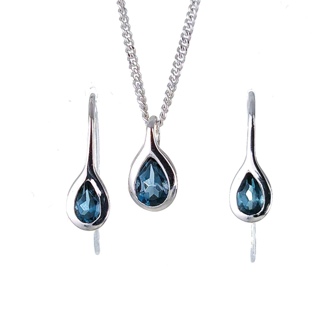 Topaz Necklace Earring Set 1ct Pear London Blue Sterling Silver Boxed Gift