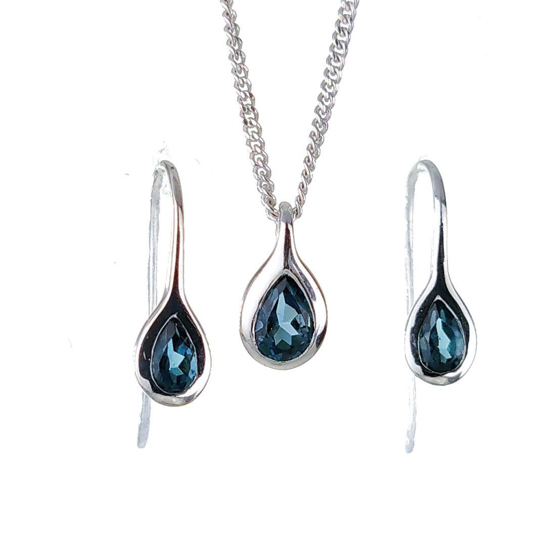 Topaz Necklace Earring Set 1ct Pear London Blue Sterling Silver Boxed Gift