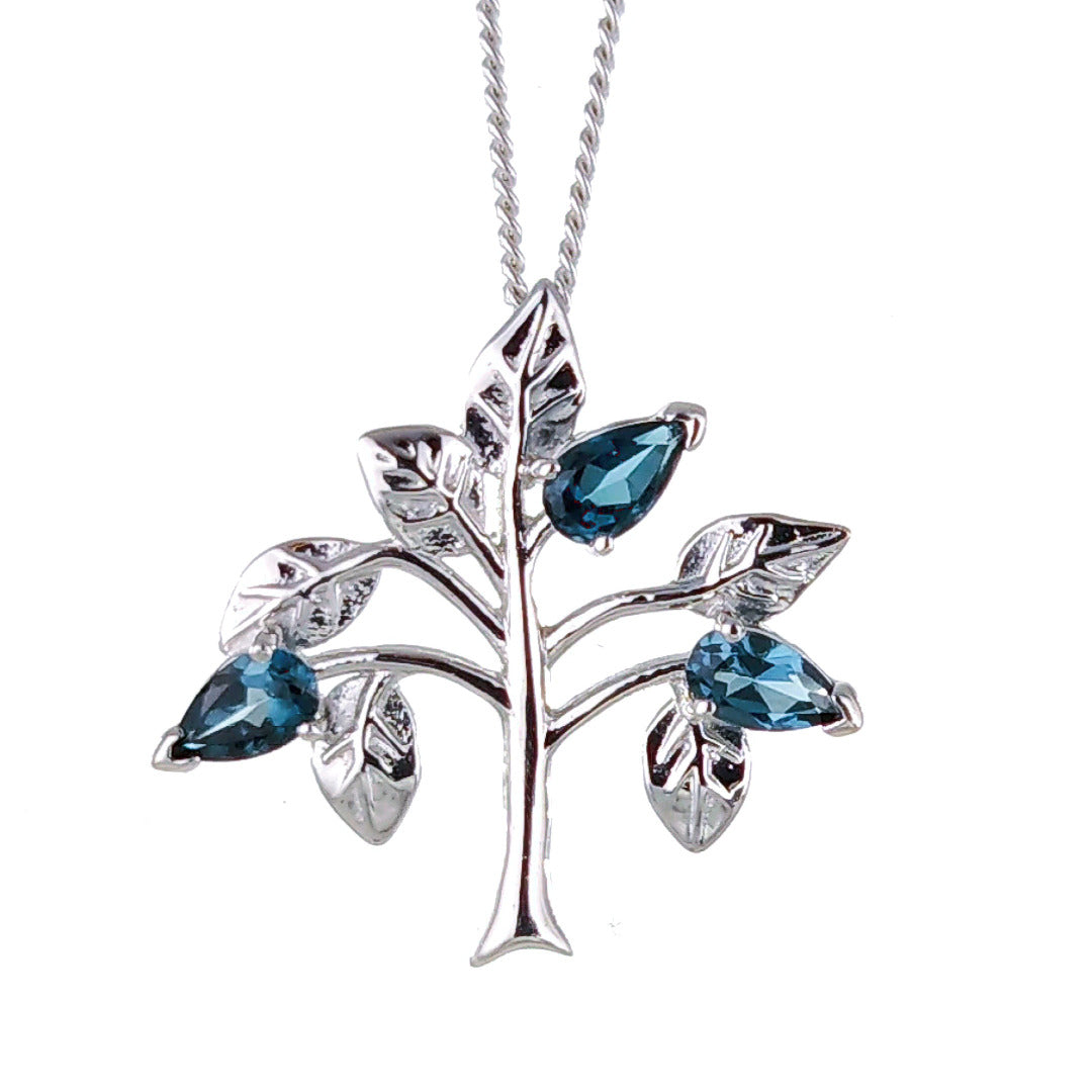 Topaz Necklace 0.75ct Pear London Blue Tree of Life Pendant Sterling Silver