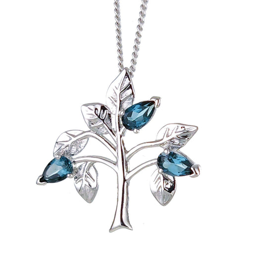 Topaz Necklace 0.75ct Pear London Blue Tree of Life Pendant Sterling Silver