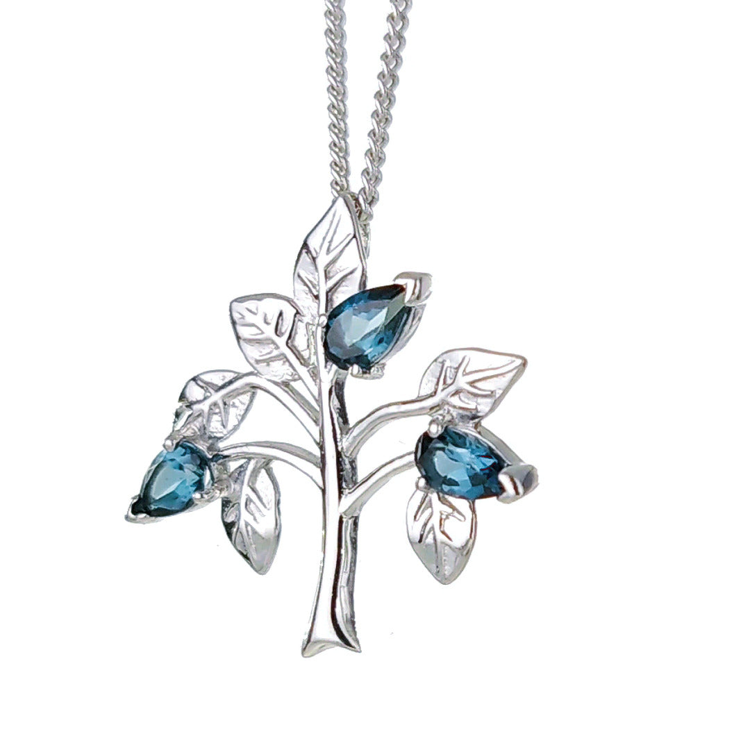 Topaz Necklace 0.75ct Pear London Blue Tree of Life Pendant Sterling Silver