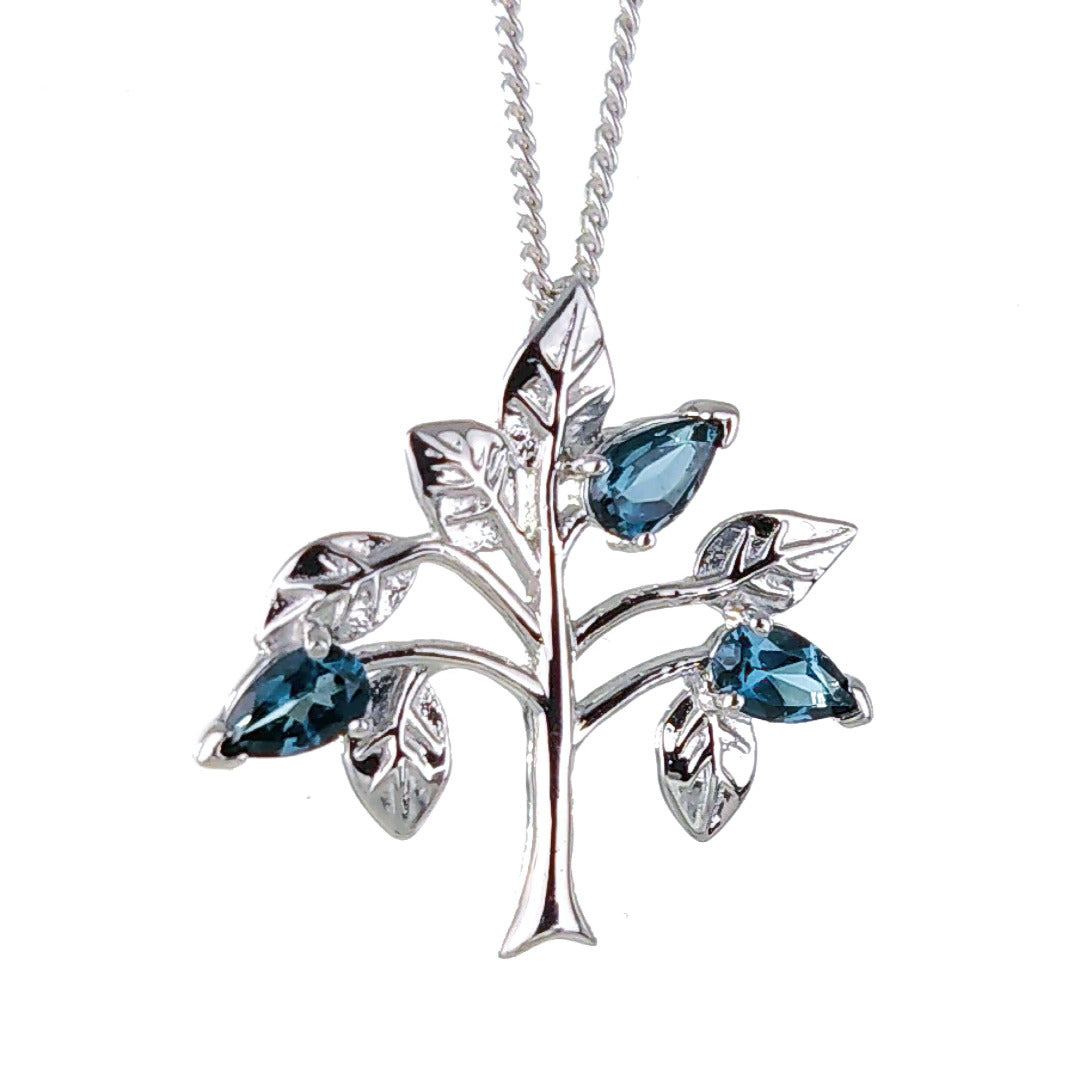 Topaz Necklace 0.75ct Pear London Blue Tree of Life Pendant Sterling Silver